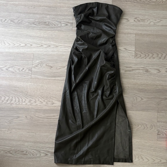 Zara Olive Green Leather Strapless Midi Dress - Picture 1 of 2